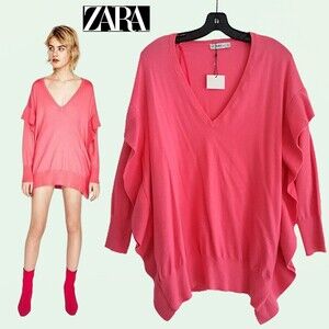 ZARA KNIT NEW Barbiecore Frilly Ruffles V-Neck Oversized Jumper L